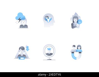 Emotional and psychological problems - flat design style icons set Stock Vector