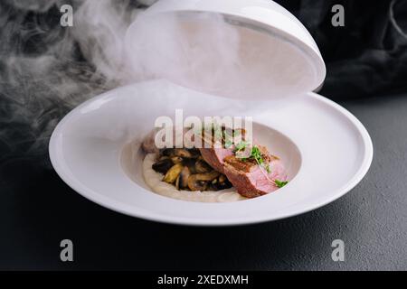 Exquisite serving beef medallions with mushrooms and mashed potatoes Stock Photo