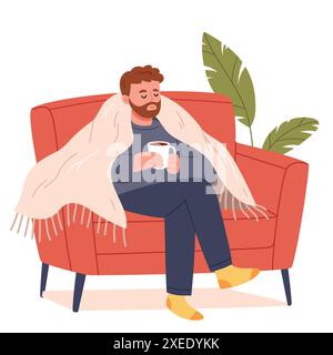 Young man sits on the sofa with a cup of tea wrapped in a blanket and is sick. Stock Vector