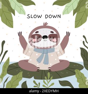 A cute sloth is meditating in the middle of the tropics in a cartoon style.Happy calm baby character resting. Stock Vector