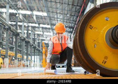 Female worker in safety vest and hardhat sitting on floor in a skytrain repair station, Using blueprints to inspect train wheels Stock Photo