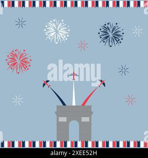 Happy Bastille Day 14 july vector illustration. French Flag, airplanes and Triumphal arch in flat design. Bonne Fete Nationale. Stock Vector