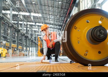 Female worker in safety vest and hardhat sitting on floor in a skytrain repair station, Using blueprints to inspect train wheels Stock Photo