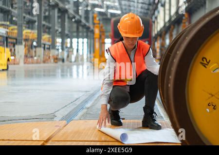 Female worker in safety vest and hardhat sitting on floor in a skytrain repair station, Using blueprints to inspect train wheels Stock Photo