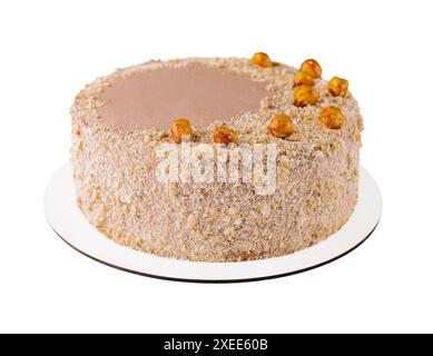 Kyiv cake with hazelnuts, chocolate glaze, and a buttercream-like filling Stock Photo