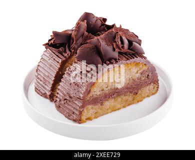 Chocolate roll with cream on a white plate Stock Photo