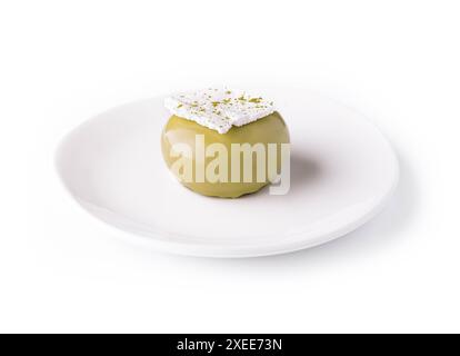 Trendy green mousse cake with mirror glaze decorated Stock Photo