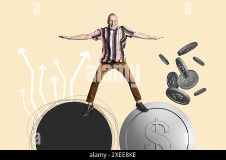 Composite trend artwork 3D sketch image photo collage of target trader business money dollar coins aged man stand work arrow earning Stock Photo
