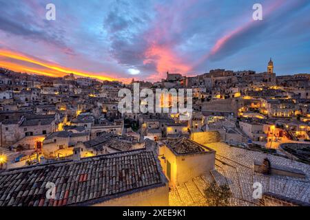 The historic old town of Matera in southern Italy after sunset Stock Photo