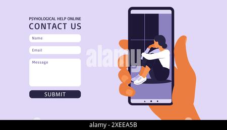 Contact us form template for web. Depression, mental health, stress and emotion concept for website design or landing web page. Stock Vector