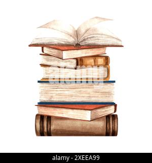 Open book is lying on stack of different books. Composition with textbooks. Hand drawn watercolor illustration isolated. Education concept. Literature Stock Photo