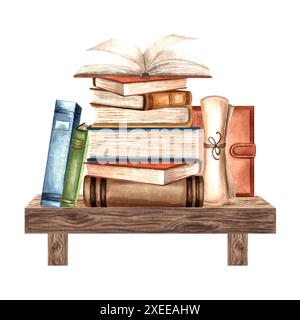 Books stack on bookshelf. Composition with textbooks vintage binding. Hand drawn watercolor illustration isolated. Education concept. School supplies Stock Photo