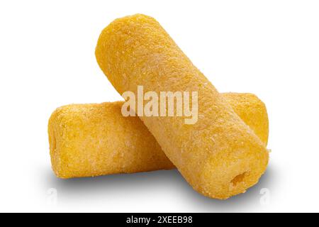 Closeup view of dried crispy roller corn snack isolated on white background. Stock Photo
