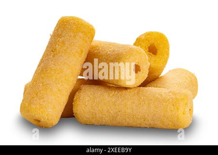 Side view pile of crispy roller corn snack isolated on white background. Stock Photo