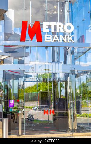 Close up view of a Metro Bank building. Glass building, Stock Photo