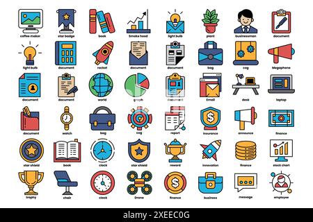 A collection of icons for business and finance. The icons include a clock, a book, a laptop, a computer mouse, a keyboard, a calculator, a pen, a plan Stock Vector