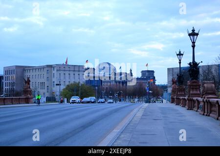 Berlin in Germany - March 13 2024: Reichstag building during the construction of the visitors center on a cloudy day Stock Photo