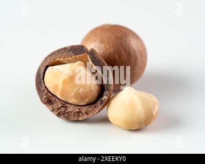 Three macadamia nuts isolated on white Stock Photo