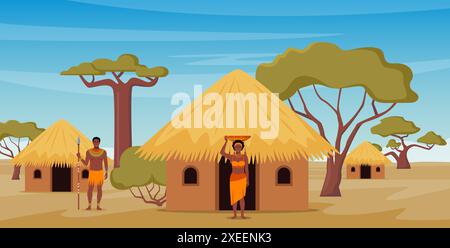 Tribe ethnic people in Africa. African woman with jug, afro character in tribal traditional costume, standing near ethnic hut house in village, rural Stock Vector