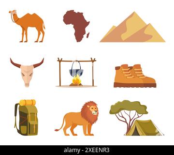 Africa and Safari elements and icons. Dunes, safari jeep, boots, tree, African map, lion. Vector Stock Vector