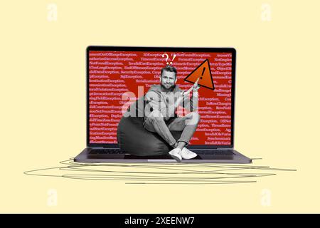 Composite photo collage of confused man it programmer broke macbook device warning alert sign cyberattack isolated on painted background Stock Photo