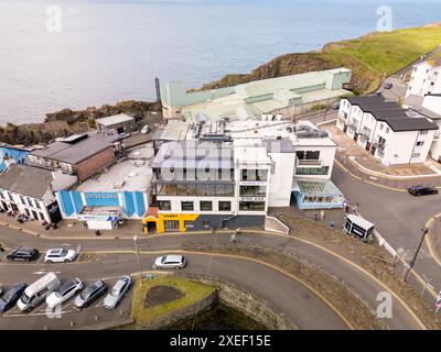 Aerial images of the Ramore Restaurants in Portrush, which offer diverse dining experiences with stunning harbour views, featuring fresh seafood, gourmet dishes, and family-friendly options. Stock Photo