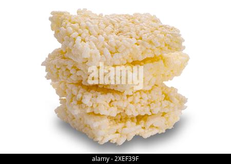 Closeup view stack of crispy homemade rice crackers isolated on white background. Stock Photo
