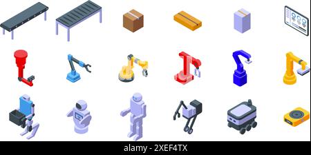 Robot conveyor belt icons set. Robot manufacturing process with conveyor belt and robotic arms working on production line Stock Vector