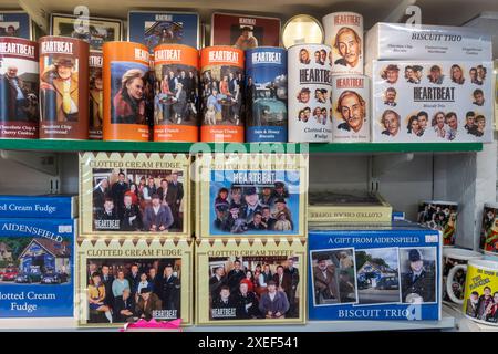 Heartbeat TV television series merchandise souvenirs for sale in Goathland, the Aidensfield village filming location, North Yorkshire England UK Stock Photo