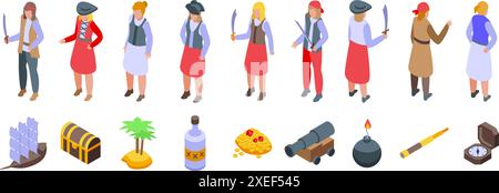 Girl pirate icons set. Female pirate character wearing eye patch, bandana and holding sword or treasure map, isometric icons set Stock Vector