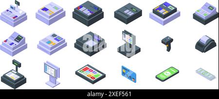 cashier machine icons set. Variety of cash registers are displayed, showcasing the evolution and diversity of point of sale systems Stock Vector