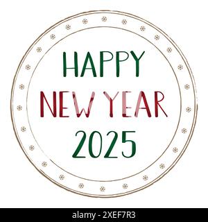 Happy New Year 2025. Golden  stamp with green and red handwritten text. Greeting card, postcard. Lettering with thick and thin lines. Stock Vector