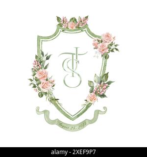 Painted hand-drawn watercolor wedding crest with floral decorations and a three initial monogram JTS for special events or personal insignia. Stock Vector