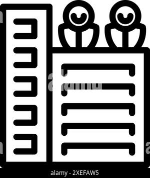 Line art icon of a data center building with two engineers standing on top of it Stock Vector