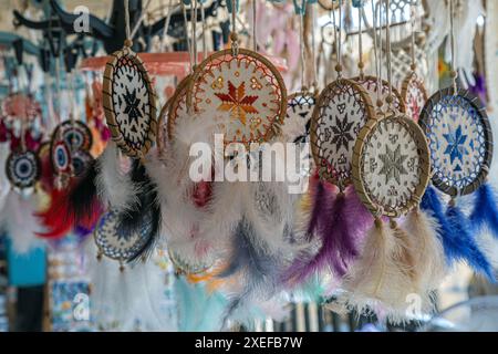 NICOSIA, CYPRUS-JUNE 18, 2024: Souvenirs with embroidery decorations specific to Turkish folklore, on sale for tourists in Cyprus, on the Turkish side Stock Photo