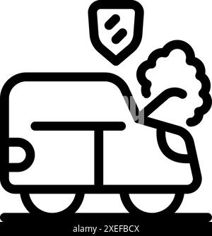 Line icon concept of car insurance, with a broken car and a protection shield Stock Vector