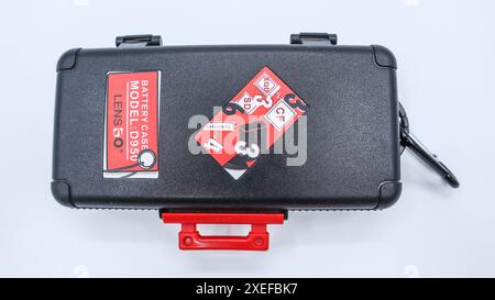 Top view of Hard case to store Camera battery and sd card. Cards and battery storage which is water-resistant, weather-resistant and shockproof Stock Photo