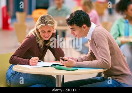 Two College Or University Students With Mobile Phone Working Together In Study Area Stock Photo