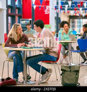 Two College Or University Students With Mobile Phone Working Together In Study Area Stock Photo