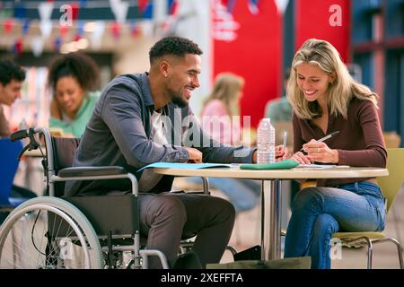 Two College Or University Students With One In Wheelchair Working Together In Study Area Stock Photo
