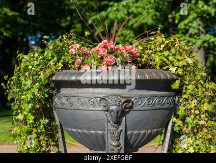 Decorative cast iron vase with flowers Stock Photo