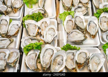 fresh opened oysters at the fish market Stock Photo