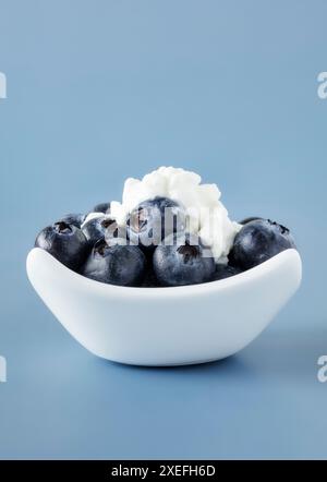 Bowl filled with fresh blue berries, topped with cottage cheese on blue plain background Stock Photo