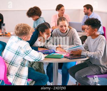 Secondary Or High School Students Collaborating In Study Area With Teachers In Background Stock Photo