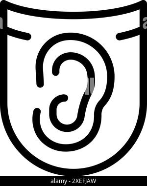 Bold black line icon of an ear inside a security shield, symbolizing protection of hearing and listening Stock Vector
