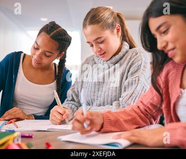 Three Female Secondary Or High School Students Collaborating In Study Area Stock Photo