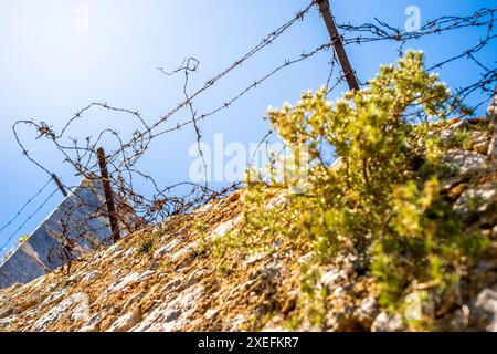 Low angle view of rusty, deteriorated barbed wire on a stone wall, effectively preventing unauthorized access and ensuring perimeter security. Stock Photo