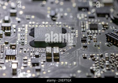 Microprocessor on computer board in backlight Stock Photo