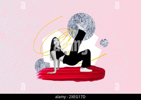 Composite trend artwork 3D sketch image collage of carefree party occasion young woman smile attractive breakdance funky moving dance fun Stock Photo