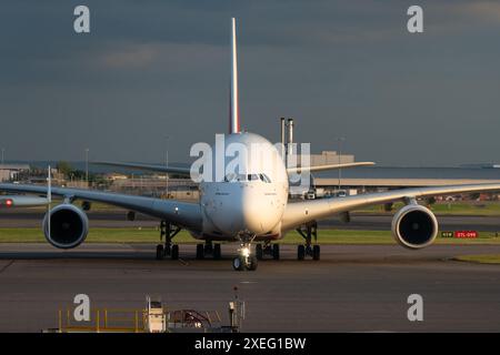 Emirates Airbus A380-800 preparing for take off at London Heathrow Airport, UK Stock Photo